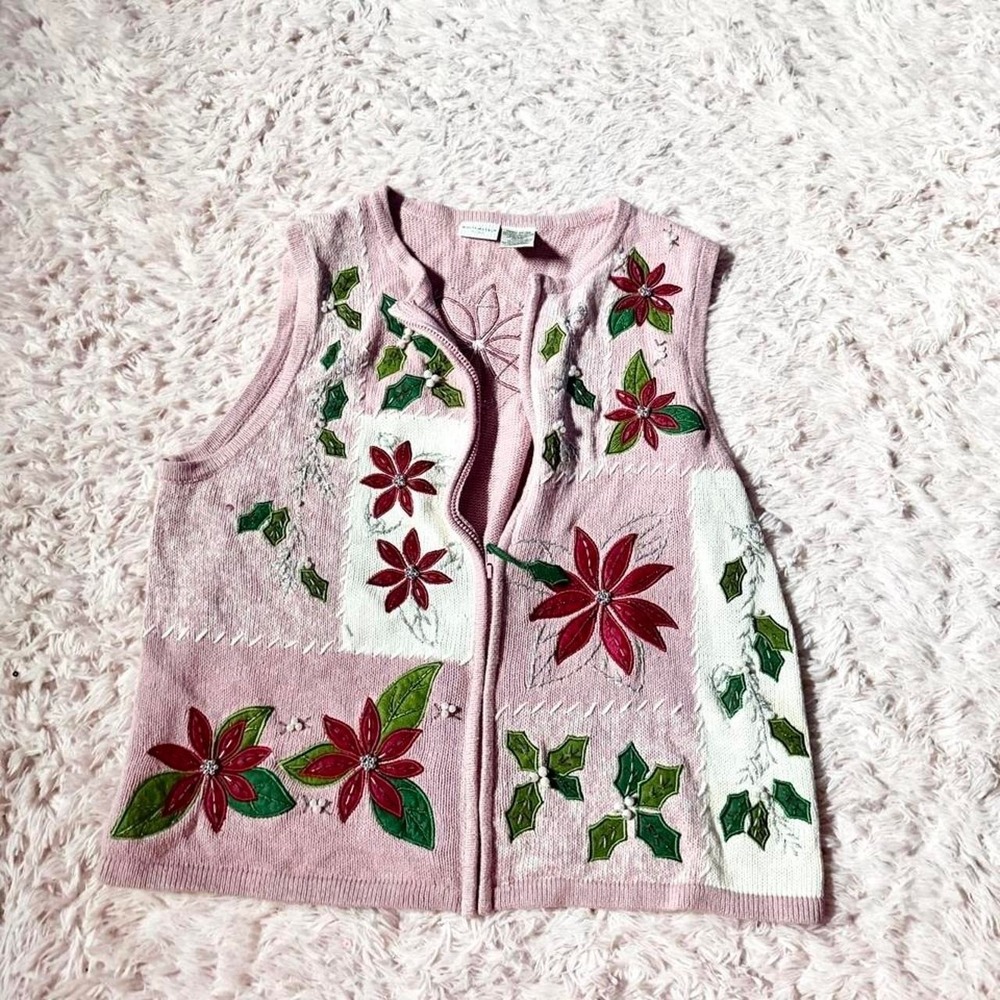 Vintage 90s Beaded Grandma Core Quirky Christmas Vest Womens 18 Eclectic Festive